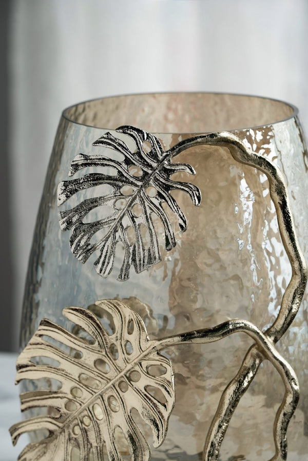 English Elm 9.8x8.5x10.8" Palm Motif Hurricane Holder Silver Aluminum Smoke Glass Mantel Decor W2078P490401