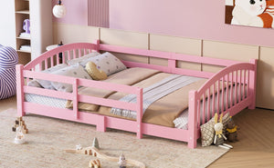 English Elm Full Montessori Pine Wood Floor Bed with Safety Rails Low Profile Kids Room Frame Pink N733P400299H