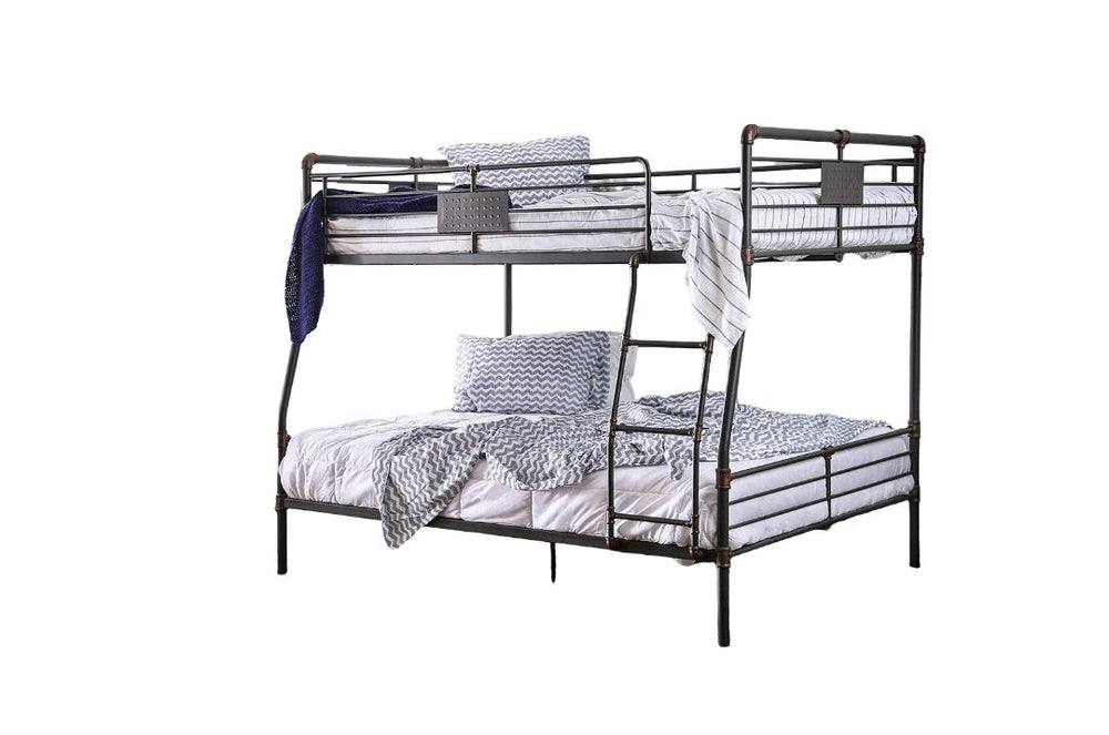 English Elm Industrial Metal Bunk Bed Full Over Queen with Attached Ladder, Pipe Frame, Upper Guard Rails, Vintage Charm Antique Black 70 L x 65 W x 5 H B2741S00374