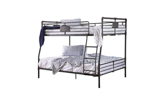English Elm Industrial Metal Bunk Bed Full Over Queen with Attached Ladder, Pipe Frame, Upper Guard Rails, Vintage Charm Antique Black 70 L x 65 W x 5 H B2741S00374