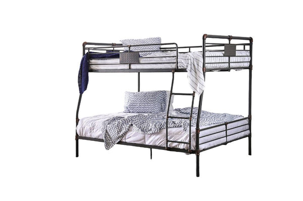 English Elm Industrial Metal Bunk Bed Full Over Queen with Attached Ladder, Pipe Frame, Upper Guard Rails, Vintage Charm Antique Black 70 L x 65 W x 5 H B2741S00374
