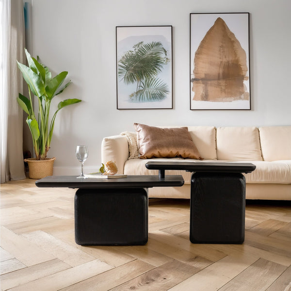 English Elm Vintage Retro Square Coffee Table Set with Wood Grain MDF Veneer & Fir Frame, Sturdy 110lb Capacity, Stylish Living Room Accent (Set of 2) Black W757P235685