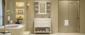 English Elm 36'' Modern Bathroom Vanity with Ceramic Sink and Medicine Cabinet, Solid Wood Frame, 4 Drawers, Waterproof Finish Beige SW000138AAY-1