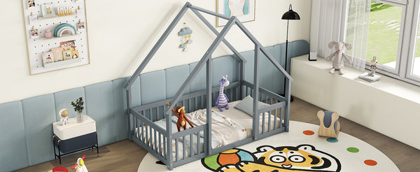 English Elm Twin Wood House-Shaped Floor Bed with Fence and Guardrails – Playful Pine Frame for Imaginative Kids Retreat Grey W504P143289
