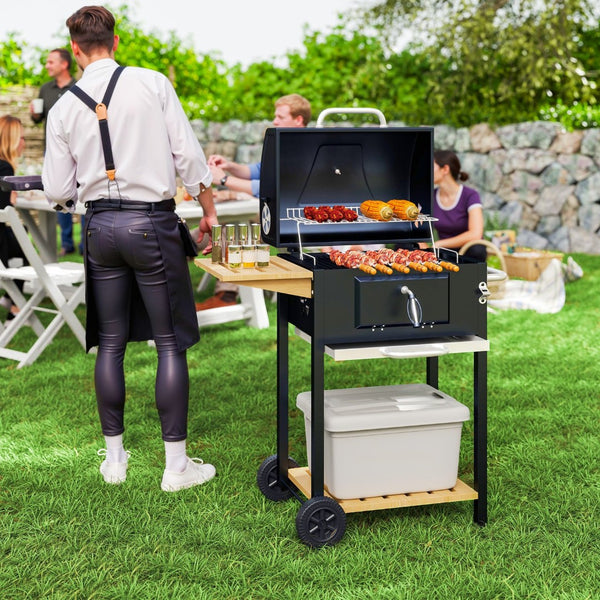 English Elm Outsunny Barrel Charcoal Grill with Side Table Shelf Wheels and Lid Thermometer W2225P485632