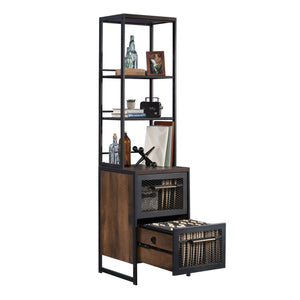 English Elm Narrow Bookcase - Modern Industrial Design In Warm Brown Finish With Adjustable Shelves & File Storage B356P367874
