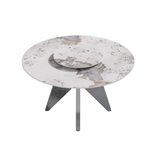 English Elm 53" Round Marble Dining Table With Silver Stainless Steel Base And Lazy Susan For 6 People, White W1535S00462