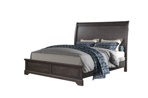 English Elm Queen Mahogany Sleigh Bed with Elm Veneer & Pine Solid Frame, Traditional Curved Headboard Design B2699S00050