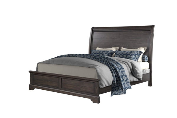 English Elm Queen Mahogany Sleigh Bed with Elm Veneer & Pine Solid Frame, Traditional Curved Headboard Design B2699S00050