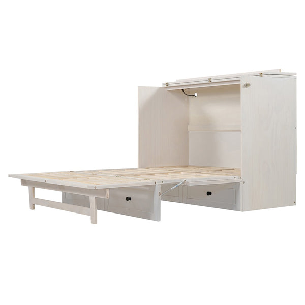 English Elm Full Size Murphy Bed Rattan Cabinet with Storage Drawers and Gold Hardware N708S00005AAK