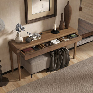 English Elm U_style Oak Veneer Console Table with Three Wave Drawers for Entryway or Foyer Brown N711P401926D