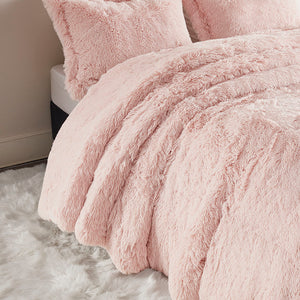 JLA Home Intelligent Design - Shaggy Faux Fur Duvet Cover Set — Plush Textured Comfort, Hidden Zipper & Corner Ties for Stability Blush ID12-1929