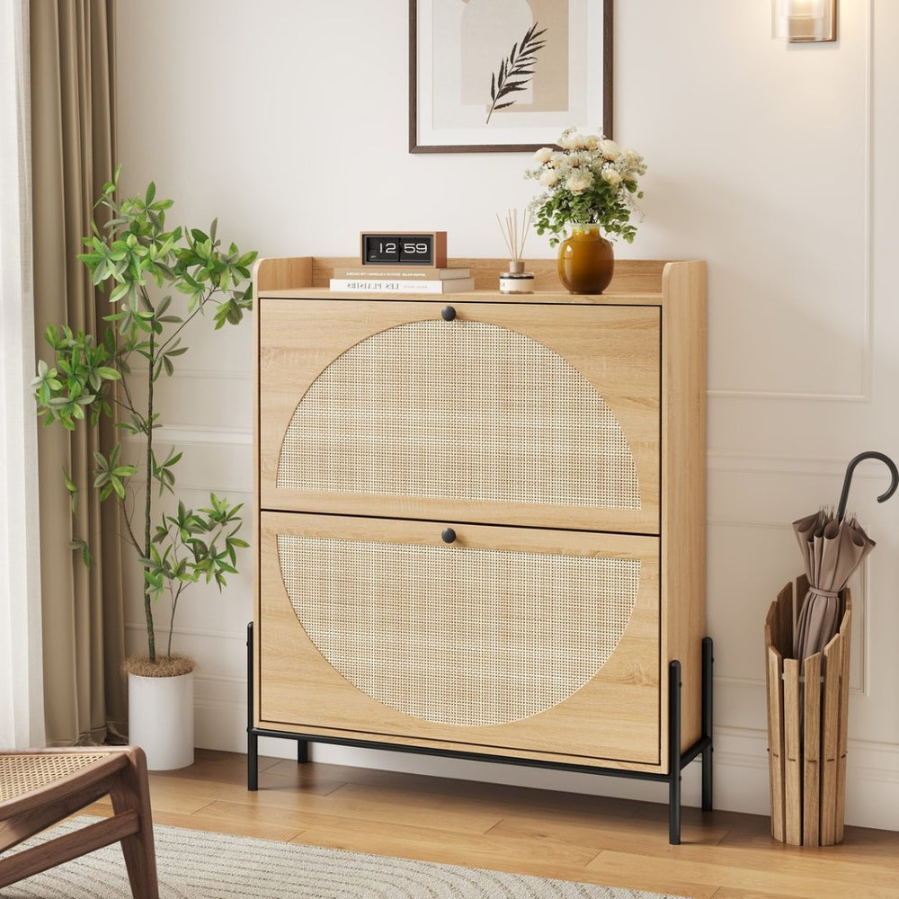 English Elm 2-drawer Rattan Front Shoe Cabinet Slim Entryway Organizer with Walnut Mdf Frame W5221P414212