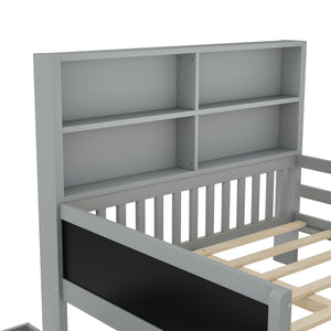 English Elm Full Solid Wood Platform Bed with Chalkboard Headboard, Storage Drawers & Shelves, Kid-Friendly White Gray W1580P362710