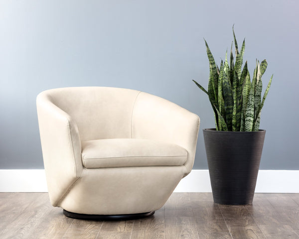 Sunpan TREVISO Swivel Lounge Chair - Contemporary Bravo Cream Faux Leather with Durable Steel Base 105300