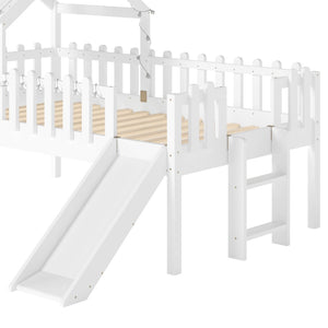 English Elm Twin Playhouse Loft Bed Solid Pine Frame with Slide Led Lights and Star Roof White W5316S00001