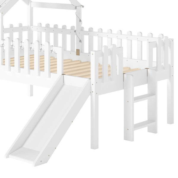 English Elm Twin Playhouse Loft Bed Solid Pine Frame with Slide Led Lights and Star Roof White W5316S00001