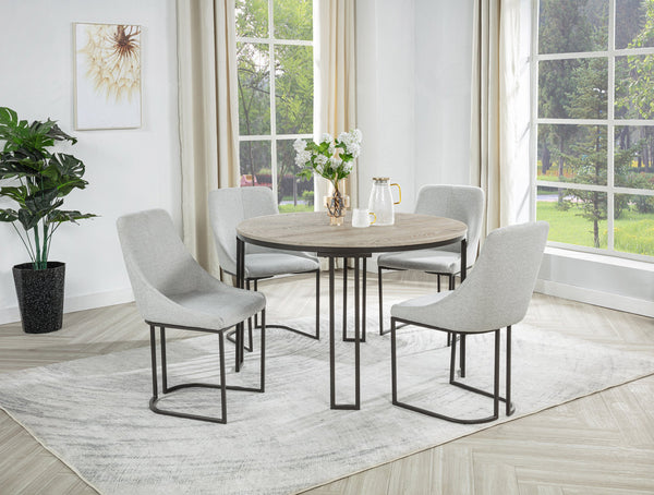 English Elm 5pc Round Dining Set with Woodgrain Top and Metal Frame, Curved Upholstered Chairs for Modern Homes Light Gray,White 46.75 L x 46.75 W x 3.25 H B2741S00534