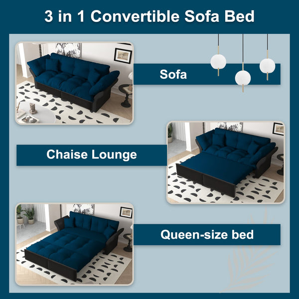 English Elm 74.8" Queen Pull Out Sofa Bed - Stylish 3-In-1 Velvet Convertible Sleeper Loveseat With Pillows W1885S00171