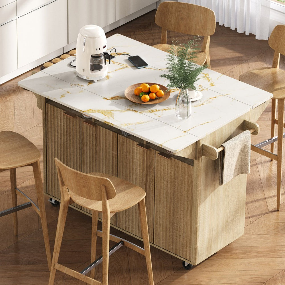 English Elm K&k Fluted Rolling Kitchen Island Faux Marble Top Power Outlet Storage Drawers Natural N707P353934Y