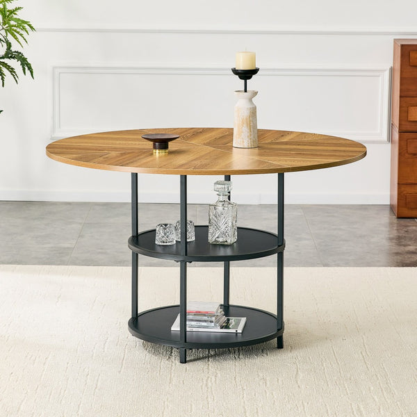 English Elm 47.3-inch Round Dining Table Two Tier Mdf Geometric Wood Black Seats Four W1151P428201