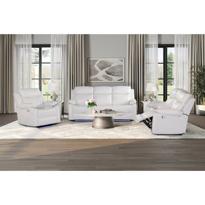 English Elm Blanche White Upholstered Reclining Sofa with LED Lights, Pillow Top Arms & Medium Firm Seating B201P391847