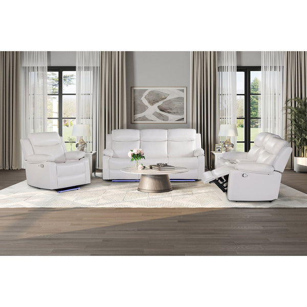 English Elm Blanche White Reclining Sofa and Loveseat Set with Console Storage Cup Holders Pillow-Top Arms and Medium-Firm Seating 3PC LED Lights B201S00432