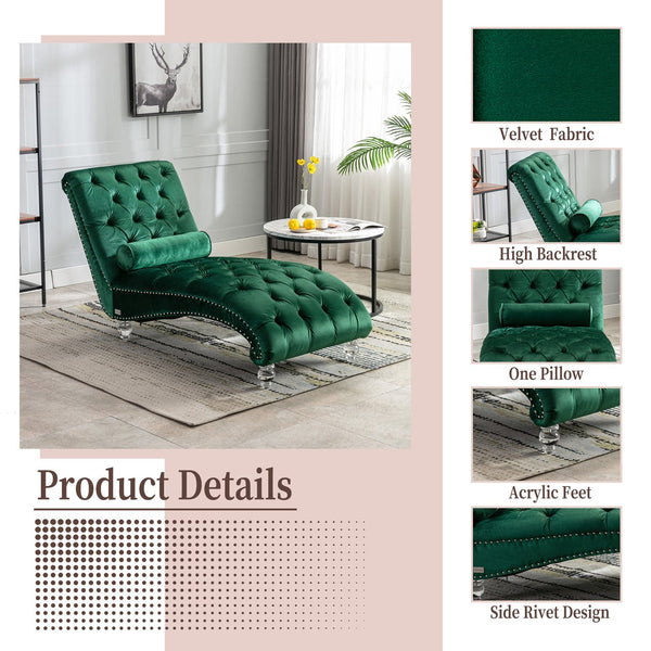 English Elm Velvet Curved Chaise Lounge Sofa with Button-Tufted Upholstery, Foam Seat, Acrylic Legs, Stylish Relaxation Emerald W39538677