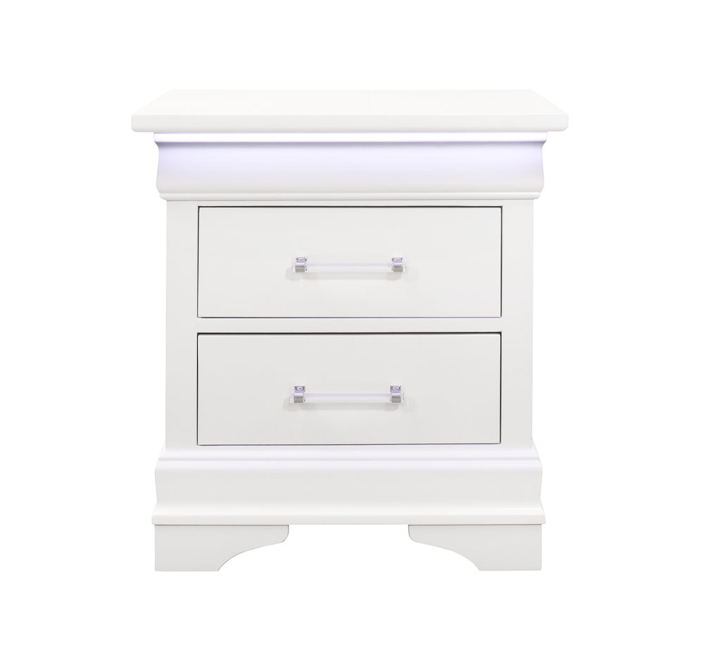 English Elm CHARLSTON Solid Wood Nightstand with LED Lighting, Transitional 2-Drawer Design, Metal Hardware Finish White 29 L x 22 W x 22 H B201P215719