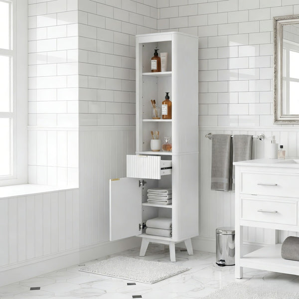 English Elm 68" Tall Fluted Freestanding Storage Cabinet with Drawer and Adjustable Shelf for Bathroom White N817P375218W