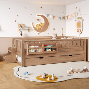 English Elm Twin Kids Platform Bed with Trundle Staircase Bookshelf and Rounded Safety Rails Natural W1580S00558