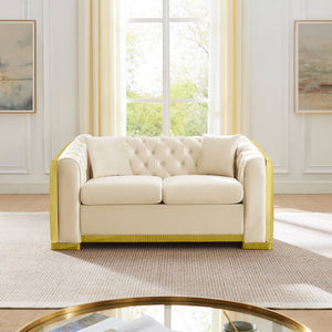 English Elm Luxury Velvet Tufted Chesterfield Loveseat with Gold Steel Trim for Living Room Beige W1191S00116