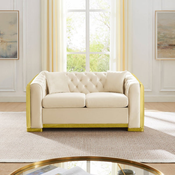 English Elm Luxury Velvet Tufted Chesterfield Loveseat with Gold Steel Trim for Living Room Beige W1191S00116