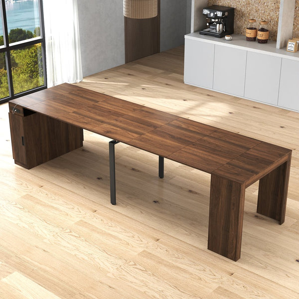 English Elm Modern Extendable Dining Table with Built-In Outlet, USB Ports & Storage, Space-Saving Console to 118" Walnut W331S00191