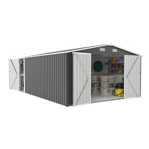 English Elm Campcraft Metal Storage Shed 10x14 Ft with Lockable Doors Vented Sloped Roof Backyard Dark Gray W1598S00051