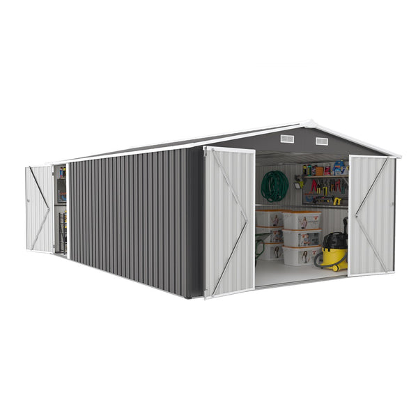 English Elm Campcraft Metal Storage Shed 10x14 Ft with Lockable Doors Vented Sloped Roof Backyard Dark Gray W1598S00051