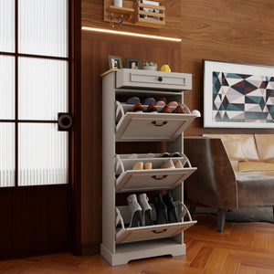 English Elm Shoe Storage Cabinet - Slim Freestanding Organizer With 1 Drawer, 3 Flip Drawers & Adjustable Shelf W1120P290634-GIGA
