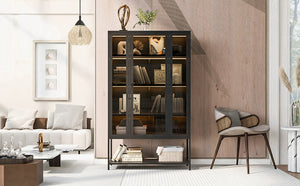 English Elm 67.25'' Tall Steel Curio Cabinet with Led Lighting and Tempered Glass Panels Black SN845P263995B