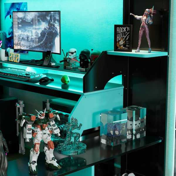 English Elm Full Size Gaming Loft Bed with Rgb Lighting Built-in Desk and Usb Charging Ports Blue LT000275AAC
