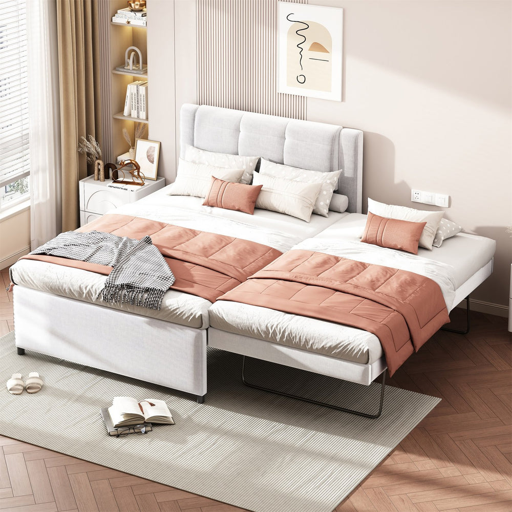 English Elm Full Size Upholstered Platform Bed With Versatile Trundle - Stylish Beige Design For Any Space! DL001678AAA