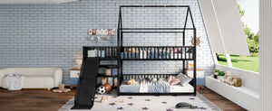 English Elm Full Metal House Bunk Bed with Slide Storage Stairs and Safety Rails for Kids W1580S00345