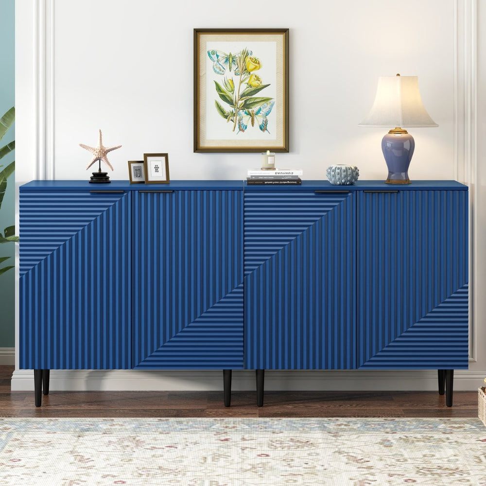 English Elm Mirod Geometric Relief Mdf Cabinet Set Lacquered Finish Metal Legs Modern Living Room Navy Blue N760S0000034M