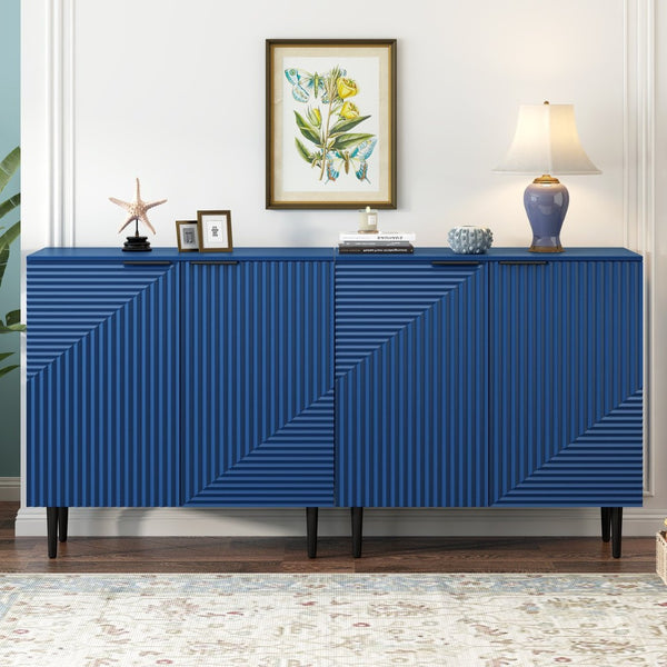 English Elm Mirod Geometric Relief Mdf Cabinet Set Lacquered Finish Metal Legs Modern Living Room Navy Blue N760S0000034M