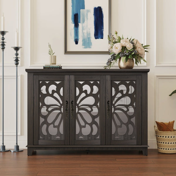 English Elm 49.33" Mirrored Lattice Buffet Cabinet with Adjustable Shelves Vintage Wood Grain Sideboard Dark Brown W2899P372741