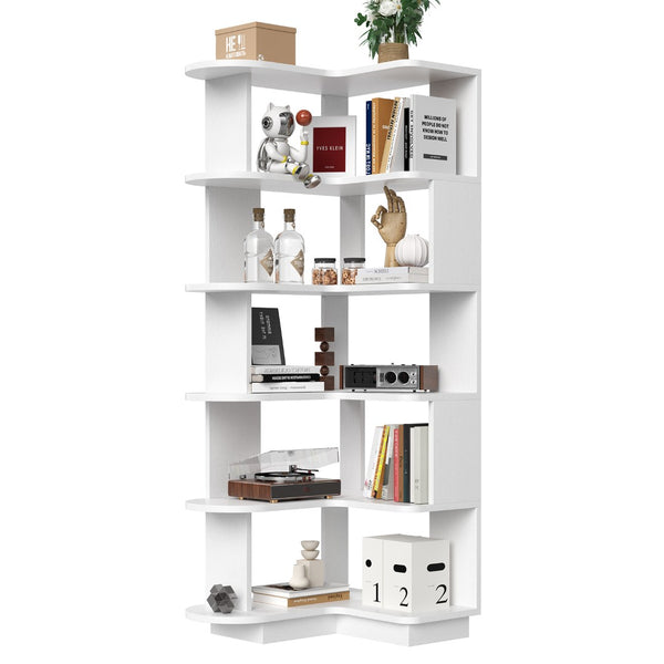 English Elm 5-tier Corner Bookcase L-shaped Freestanding Open Shelf Display for Home Office White T3623P436784