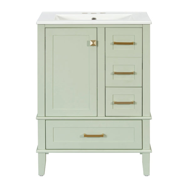 English Elm 24" Olive Bathroom Vanity Solid Wood Frame Ceramic Sink Gold Hardware Soft Close Green N729P373276F