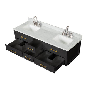 English Elm Black Double Bath Vanity With Carrara Marble Top, Chrome Faucets & Ample Storage – Elegant Design! B2731P258062