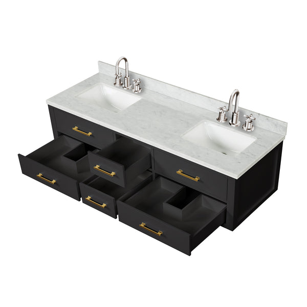 English Elm Black Double Bath Vanity With Carrara Marble Top, Chrome Faucets & Ample Storage – Elegant Design! B2731P258062