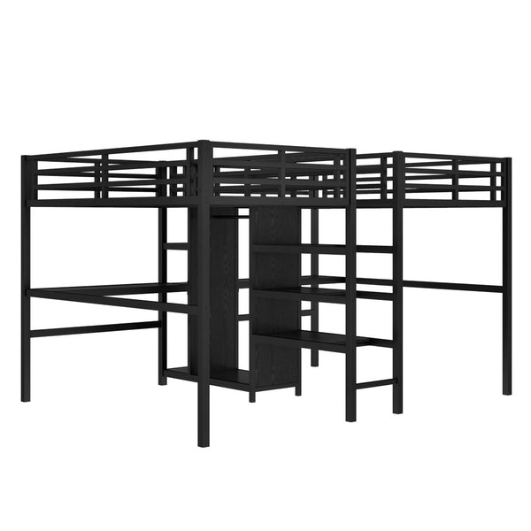 English Elm Twin Metal Loft Bed with Study Desk Wardrobe Shelving and Outlet for Kids Rooms Black W1580S00371