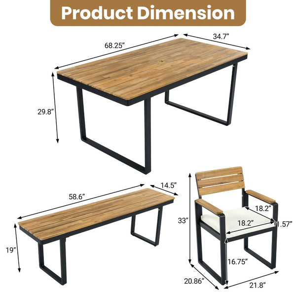 English Elm 6-piece Outdoor Acacia Wood Patio Dining Set with Cushioned Chairs Bench Steel Frame Beige N704G201255A